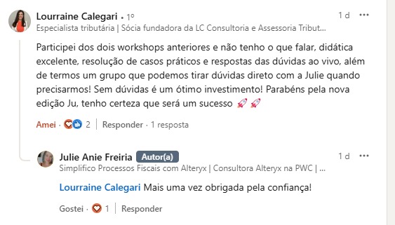 Print original do comentário de Lourraine Calegari sobre workshop anterior