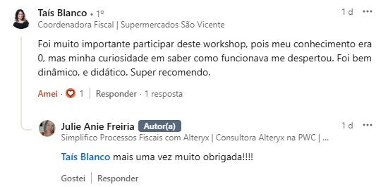 Print original do comentário de Taís Blanco sobre workshop anterior