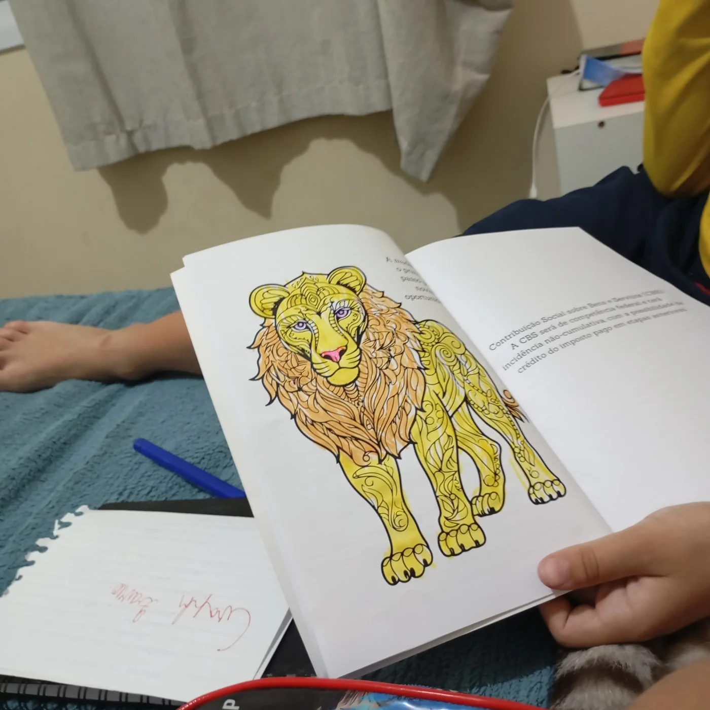 Ilustração de leão colorida dentro do livro