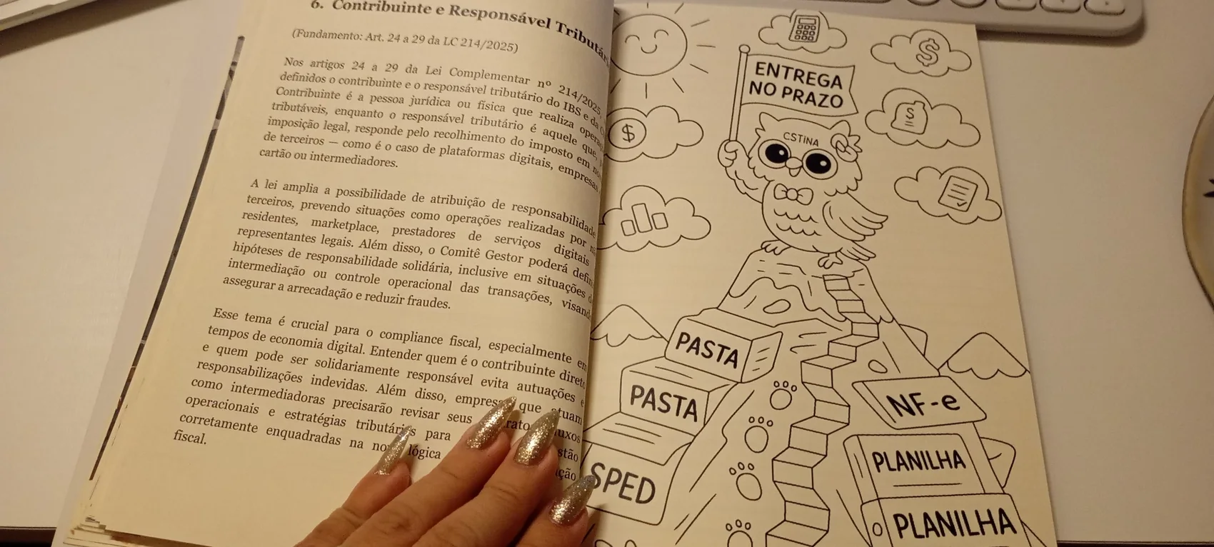 Livro aberto com explicação da LC 214/2025 e ilustração para colorir